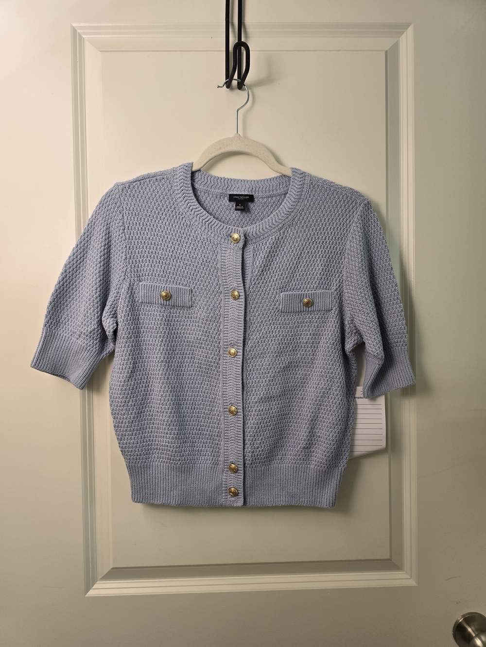 Ann Taylor Textured Stitch Short Sleeve Cardigan in a soft pastel blue